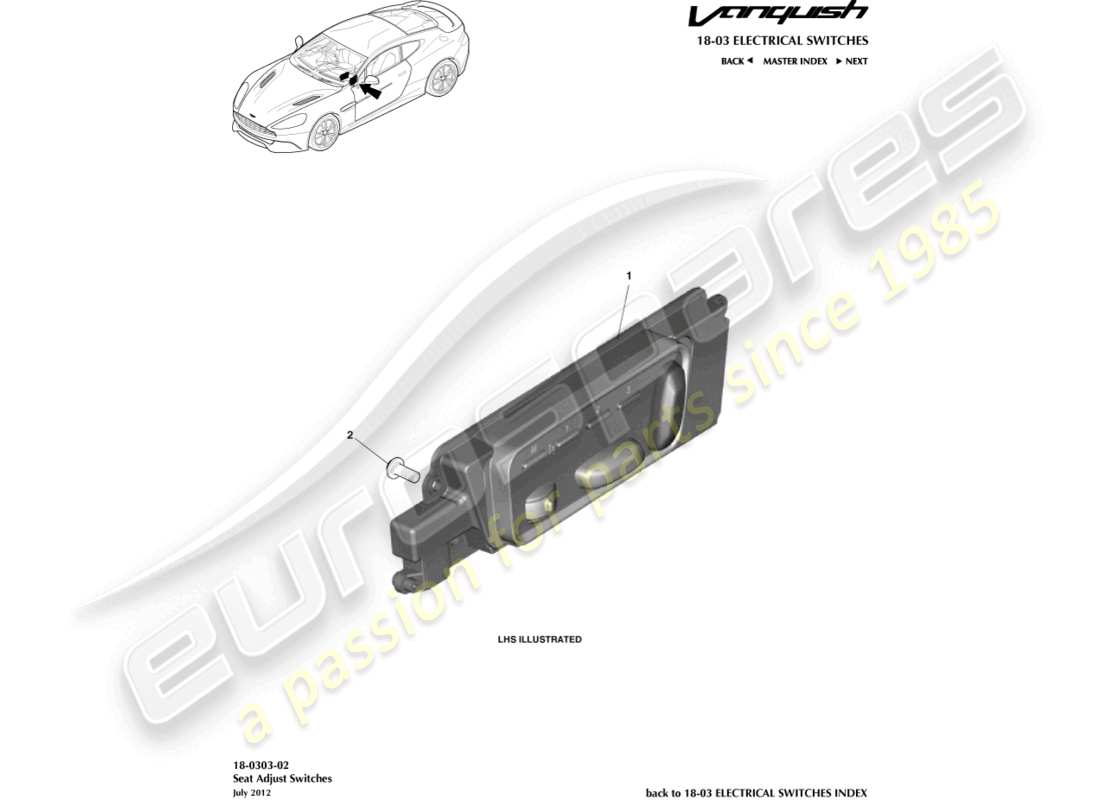aston martin vanquish (2017) interruptores de ajuste del asiento diagrama de piezas