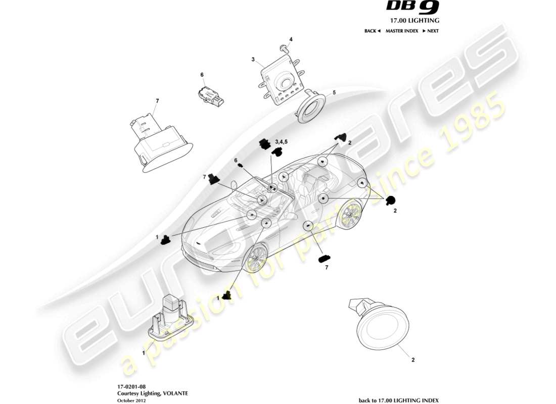 aston martin db9 (2015) iluminación de cortesía, diagrama de piezas de volante