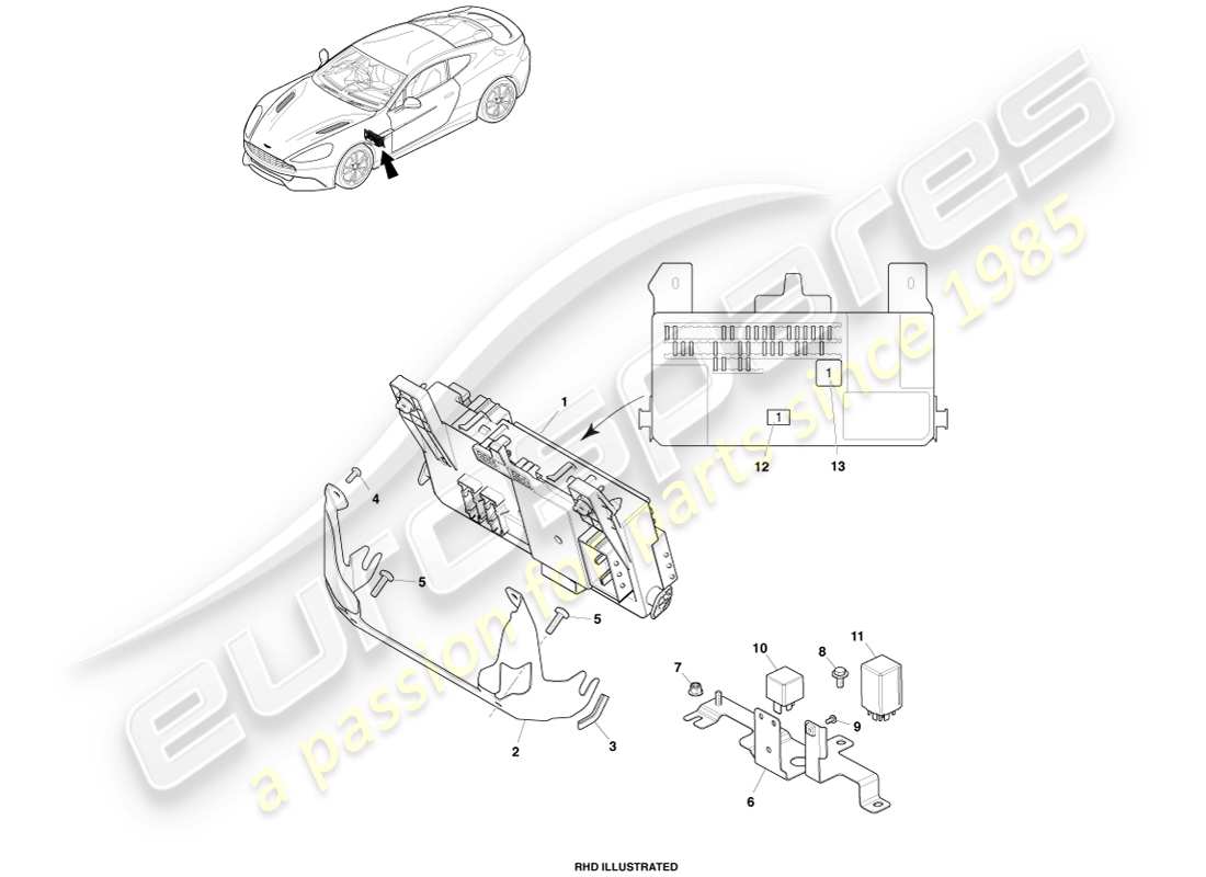 aston martin vanquish (2013) caja de fusibles del habitáculo diagrama de piezas