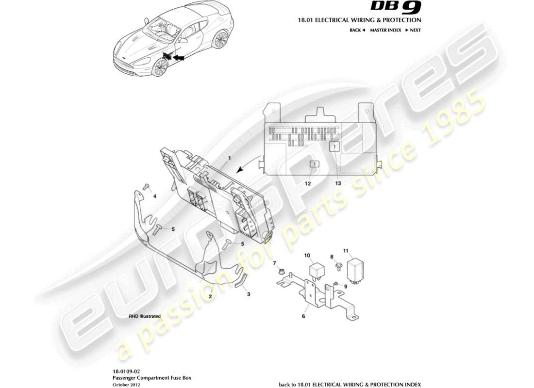 aston martin db9 (2015) diagrama de piezas de la caja de fusibles del compartimento del pasajero