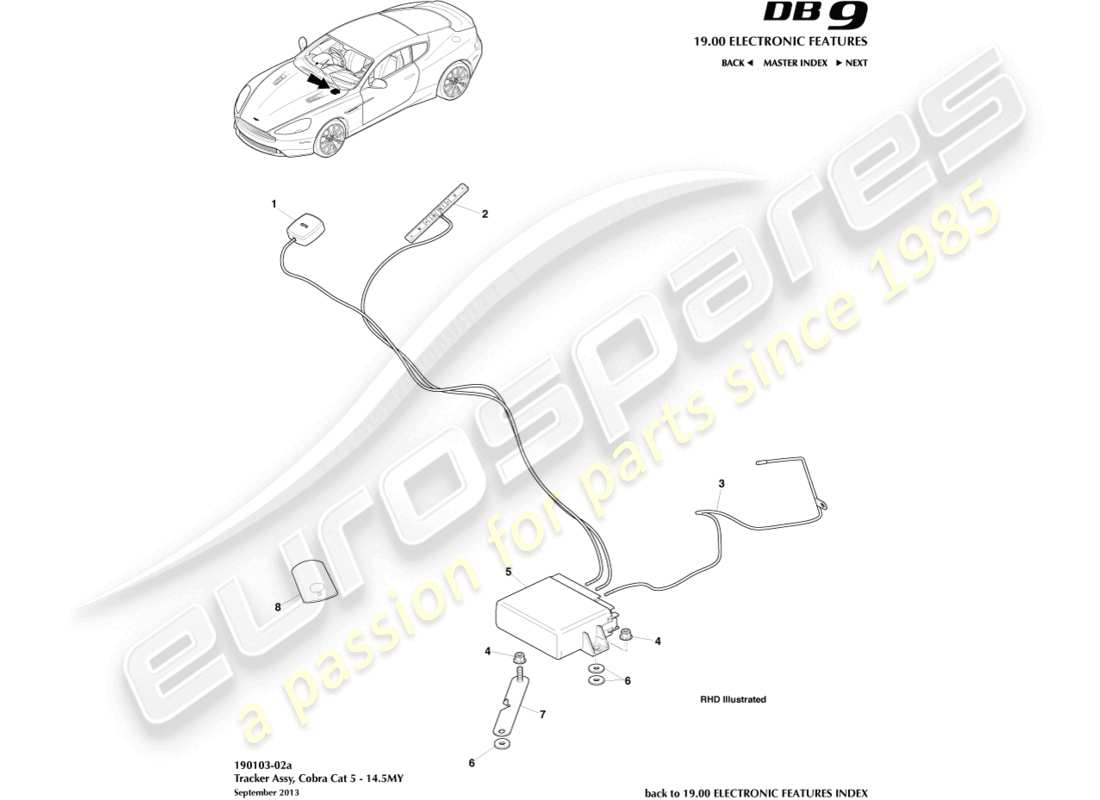 aston martin db9 (2015) rastreador cobra cat 5, diagrama de piezas 14.5my