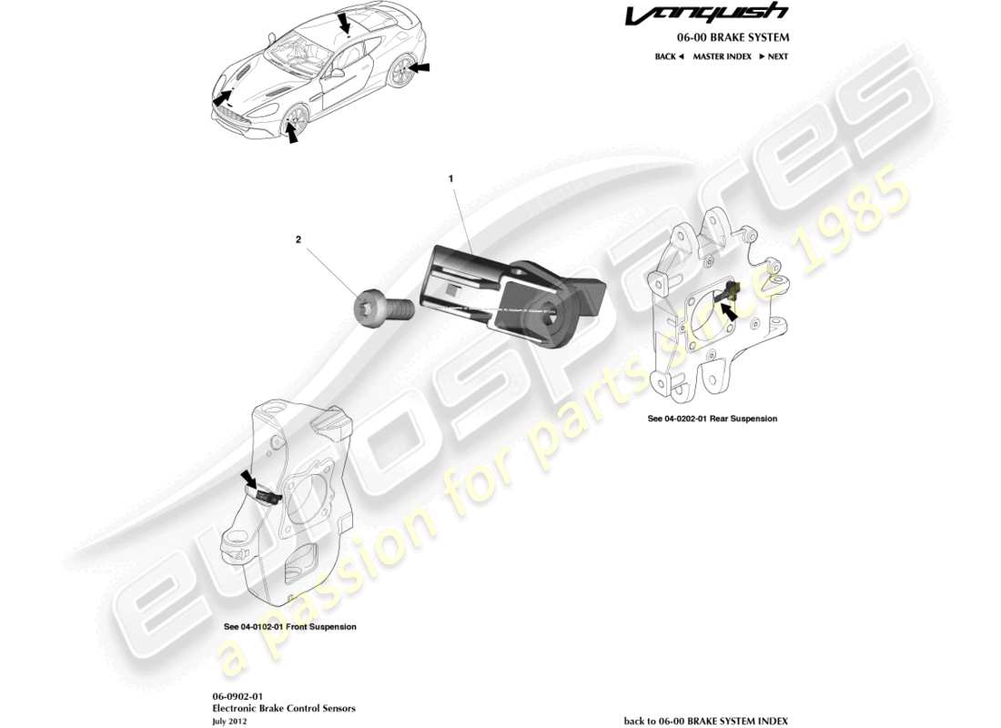 aston martin vanquish (2017) diagrama de piezas de los sensores de velocidad de las ruedas