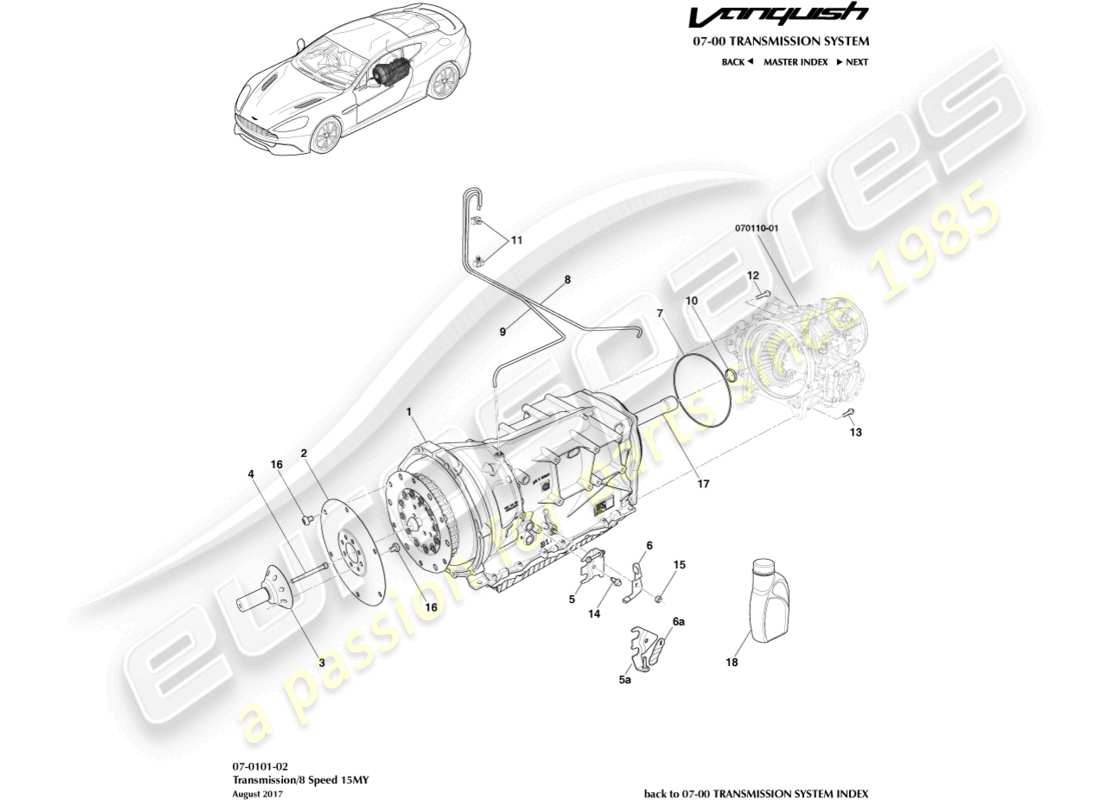 aston martin vanquish (2015) transmisión, 8 velocidad diagrama de piezas