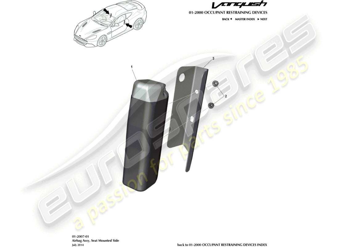 aston martin vanquish (2015) diagrama de piezas del airbag del asiento delantero