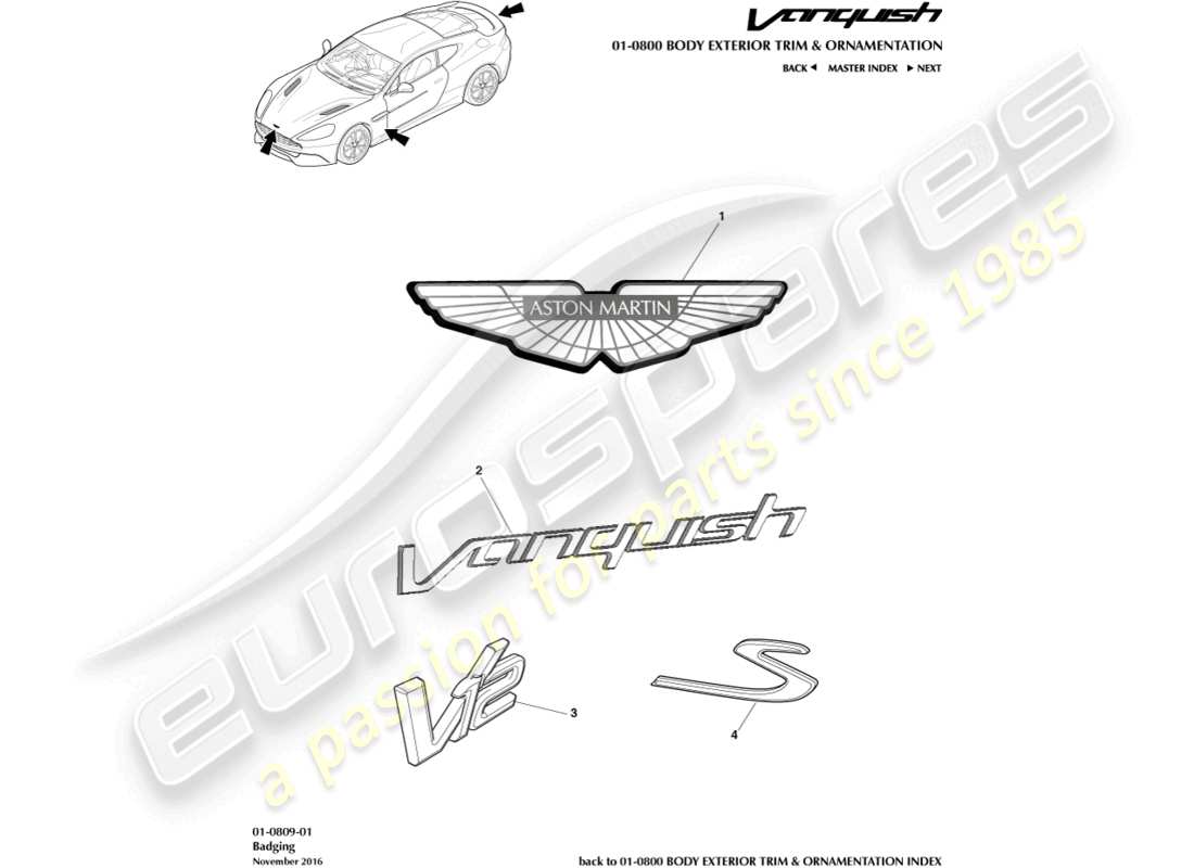 aston martin vanquish (2018) diagrama de piezas de credenciales
