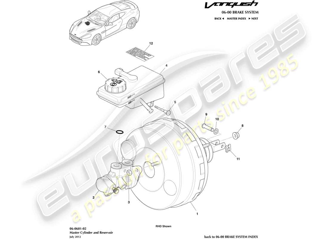aston martin vanquish (2016) cilindro maestro y depósito diagrama de piezas