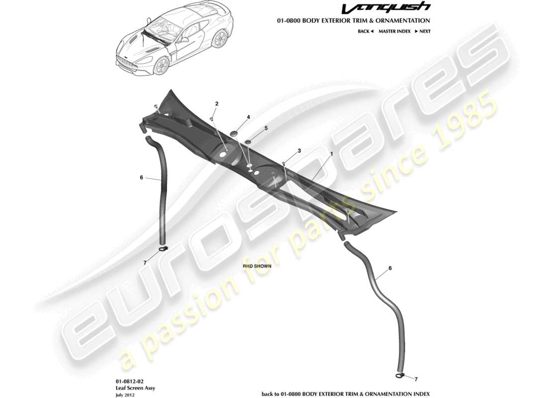 aston martin vanquish (2016) diagrama de piezas del conjunto de malla de hoja