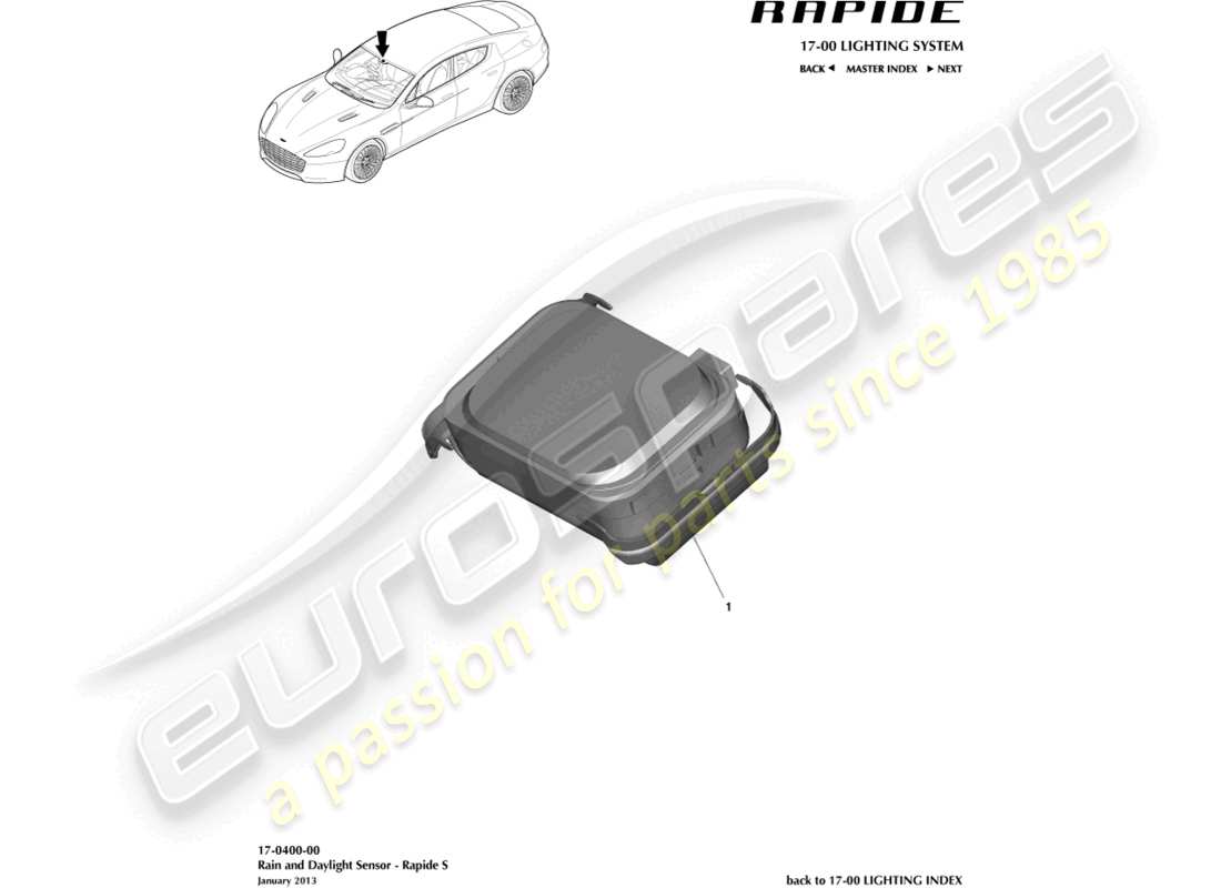 aston martin rapide (2011) sensor de lluvia y luz diurna diagrama de piezas