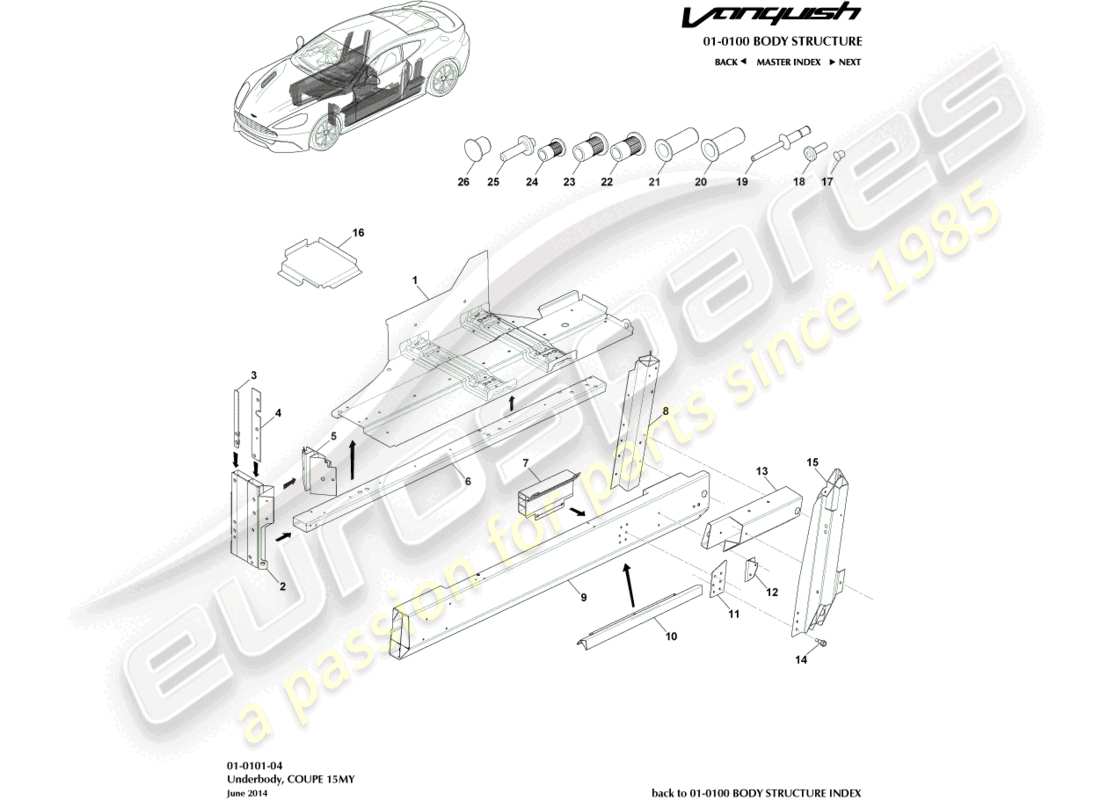 aston martin vanquish (2017) diagrama de piezas de debajo de la carrocería, cupé