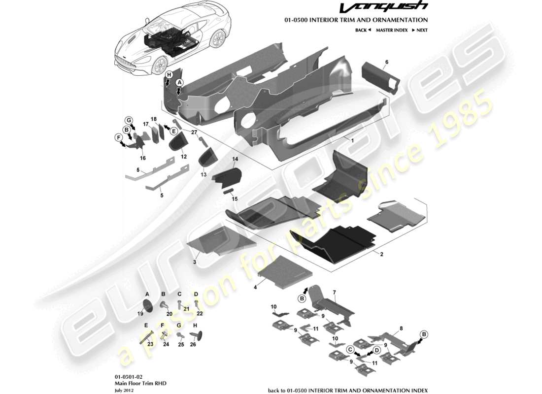 aston martin vanquish (2015) moldura del piso principal, lado derecho diagrama de piezas