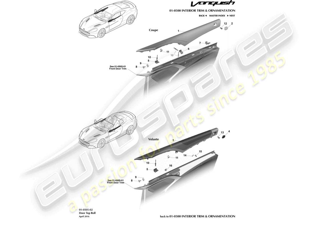aston martin vanquish (2016) diagrama de piezas del rollo superior de la puerta
