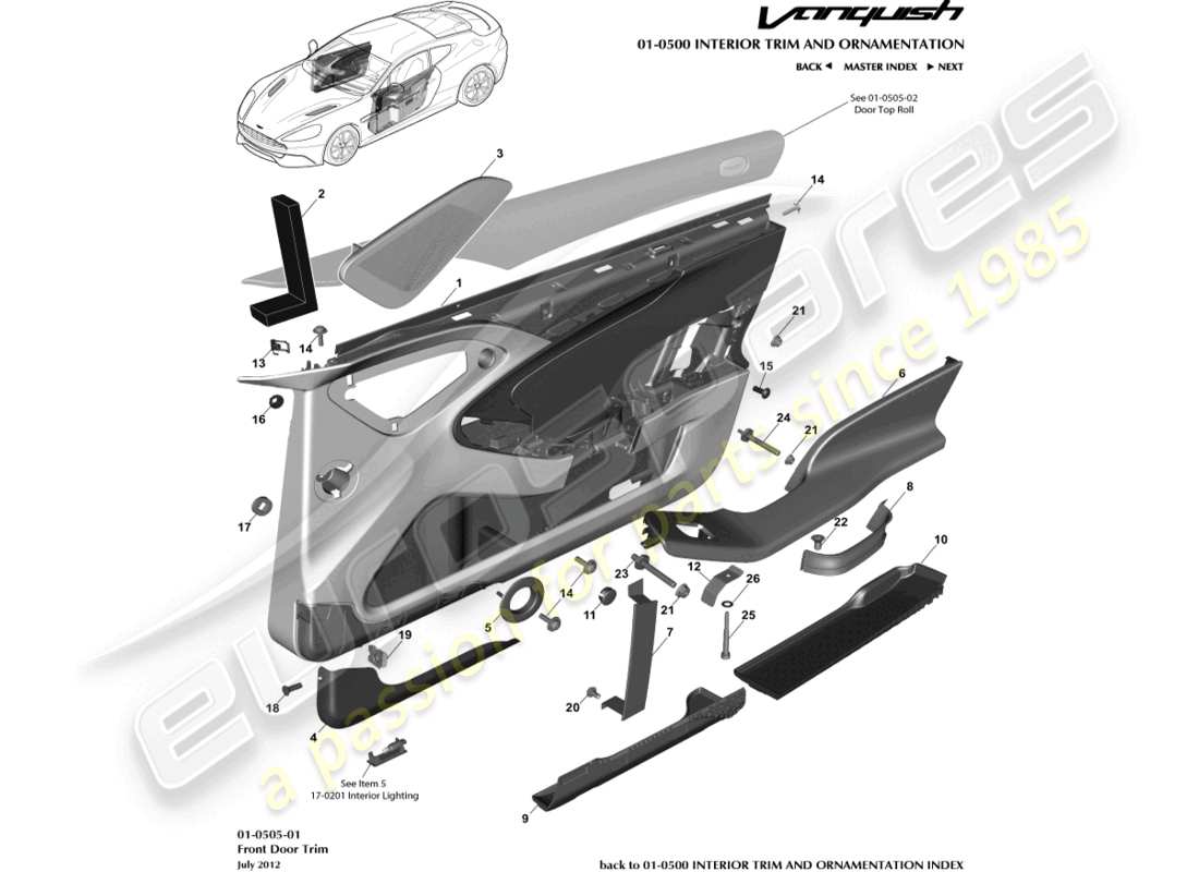 aston martin vanquish (2018) panel de ajuste de la puerta delantera diagrama de piezas