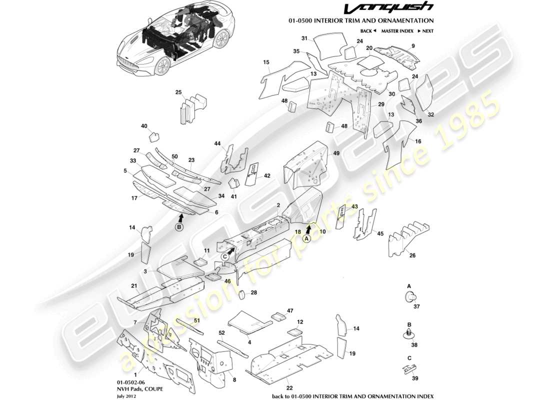 aston martin vanquish (2016) pastillas nvh, diagrama de piezas del cupé