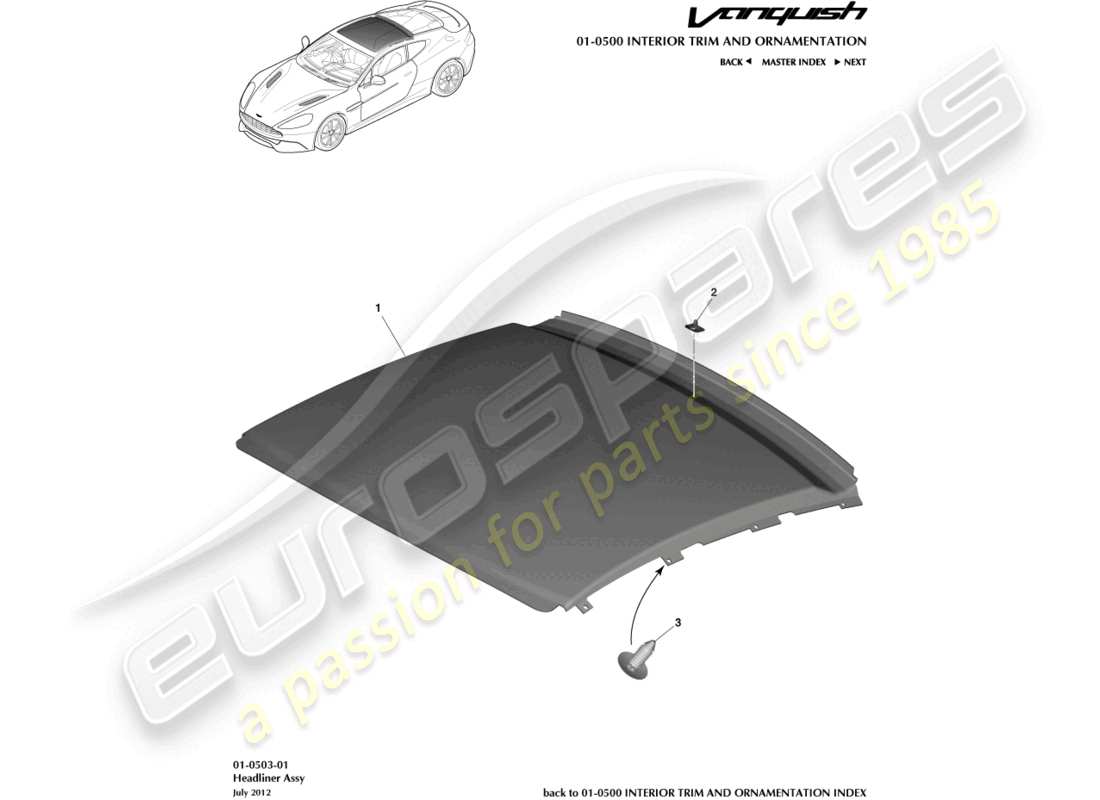 aston martin vanquish (2015) montaje del techo interior diagrama de piezas