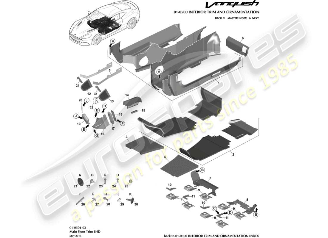 aston martin vanquish (2015) moldura del piso principal, lhd diagrama de piezas