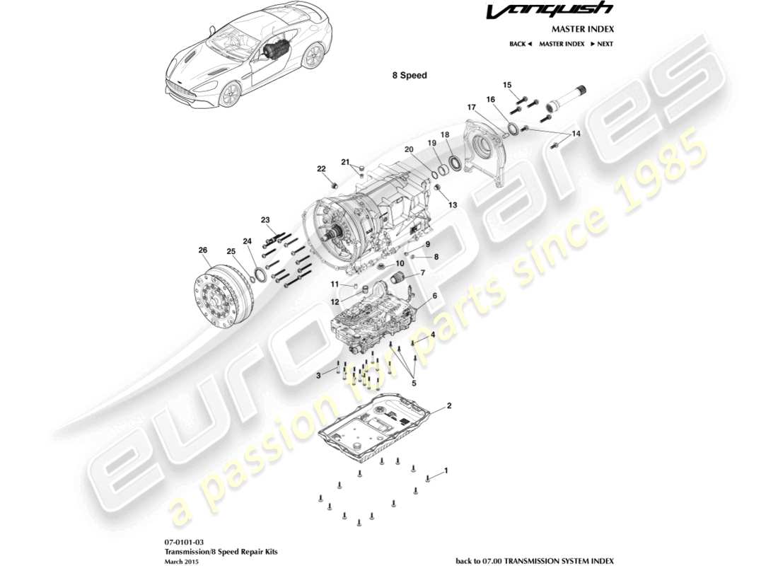 aston martin vanquish (2015) kits de transmisión, 8 velocidad diagrama de piezas