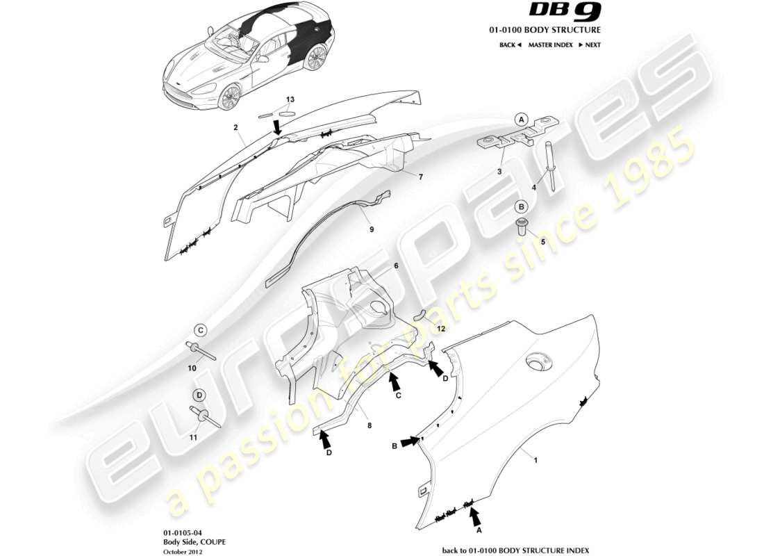 aston martin db9 (2016) lado de la carrocería, diagrama de piezas del cupé