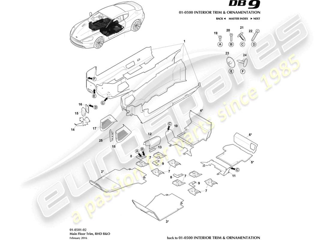 aston martin db9 (2017) moldura del piso principal, derecha, b&o diagrama de piezas