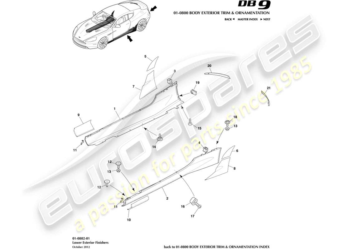 aston martin db9 (2017) acabados exteriores inferiores diagrama de piezas