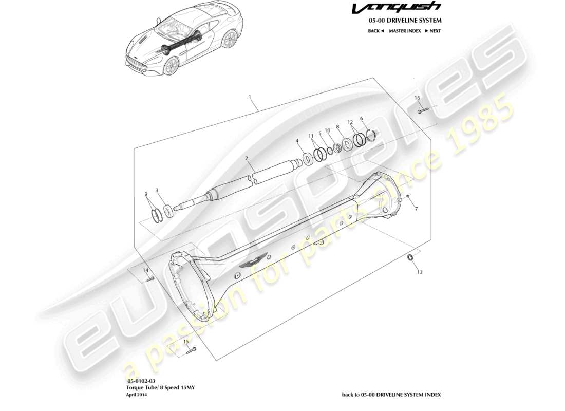 aston martin vanquish (2017) conjunto de tubo de torsión, diagrama de piezas de 8 velocidades