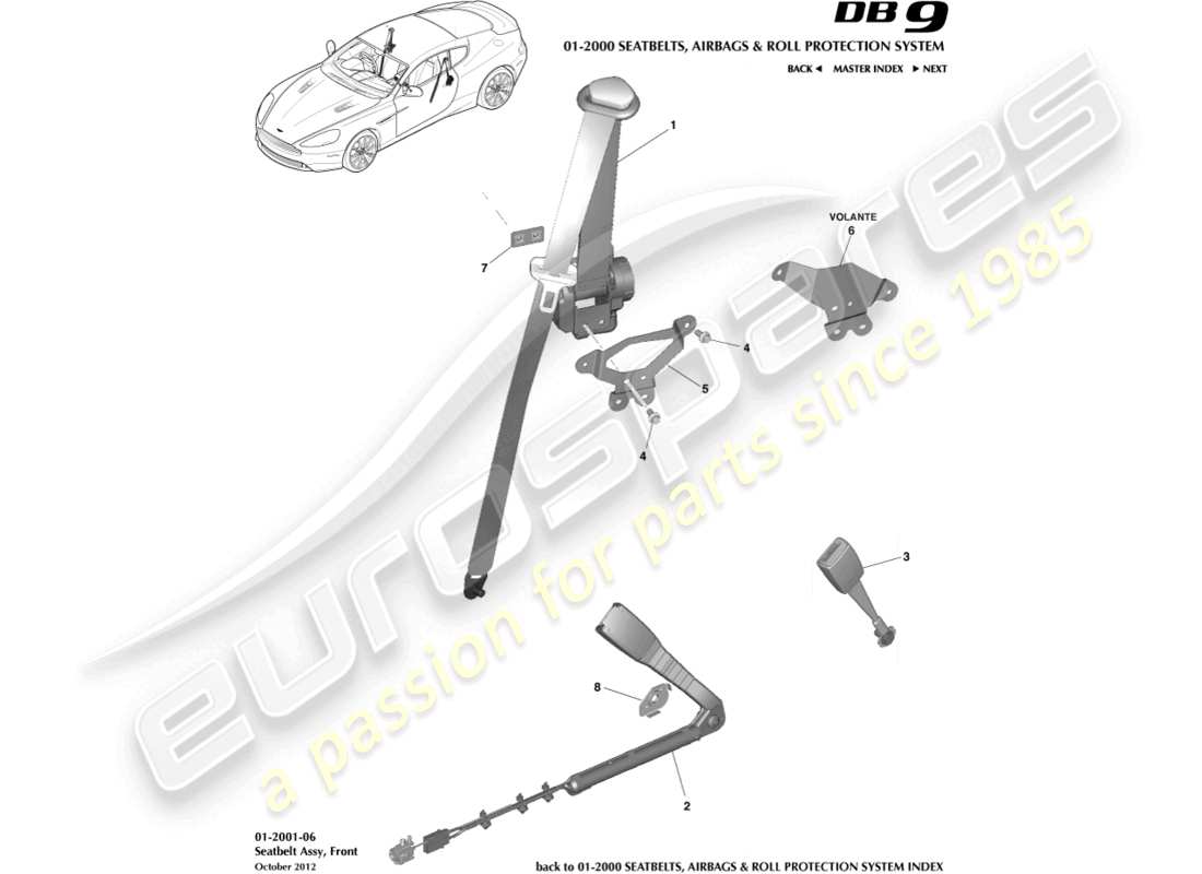aston martin db9 (2014) cinturones de seguridad delanteros diagrama de piezas