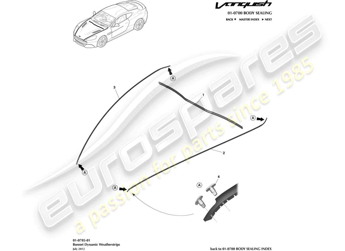 aston martin vanquish (2015) burletes del capó diagrama de piezas