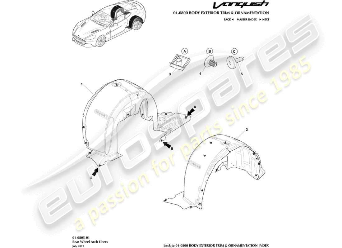 aston martin vanquish (2015) revestimientos del paso de rueda trasera diagrama de piezas