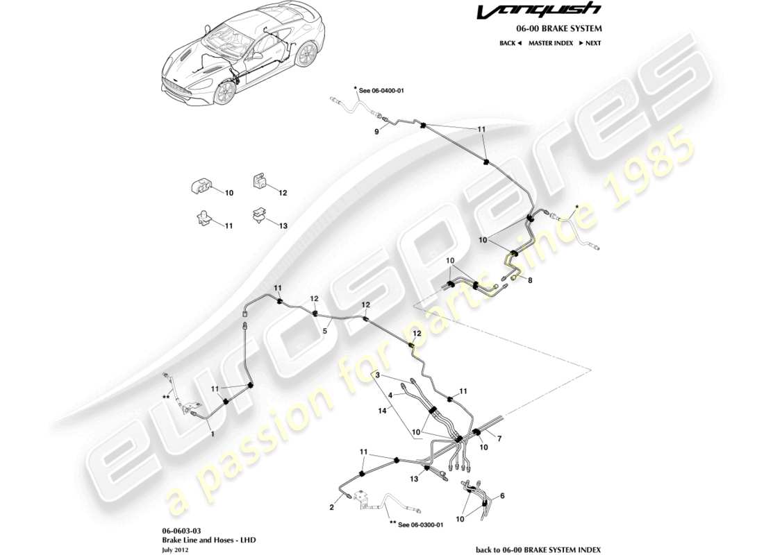 aston martin vanquish (2016) líneas y mangueras de freno, diagrama de piezas lhd