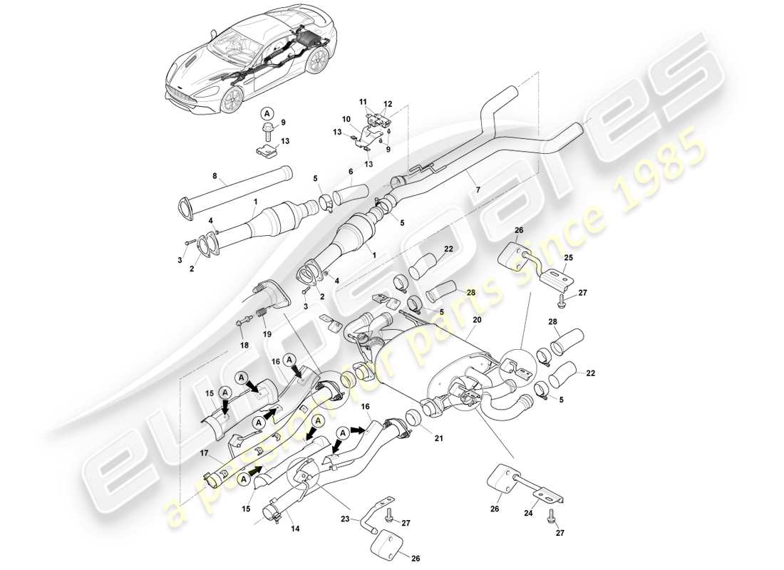 aston martin vanquish (2013) sistemas de escape diagrama de piezas