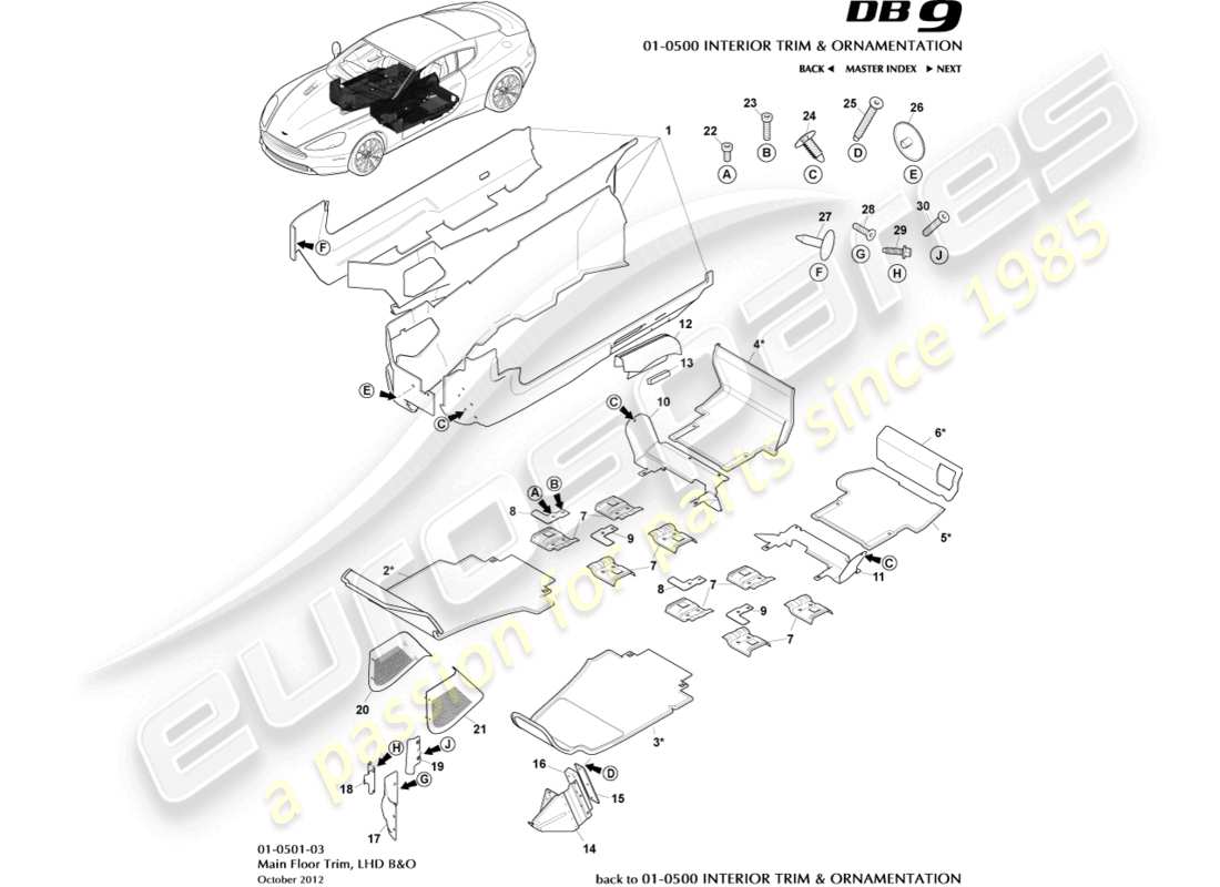 aston martin db9 (2017) moldura del piso principal, lhd, b&o diagrama de piezas