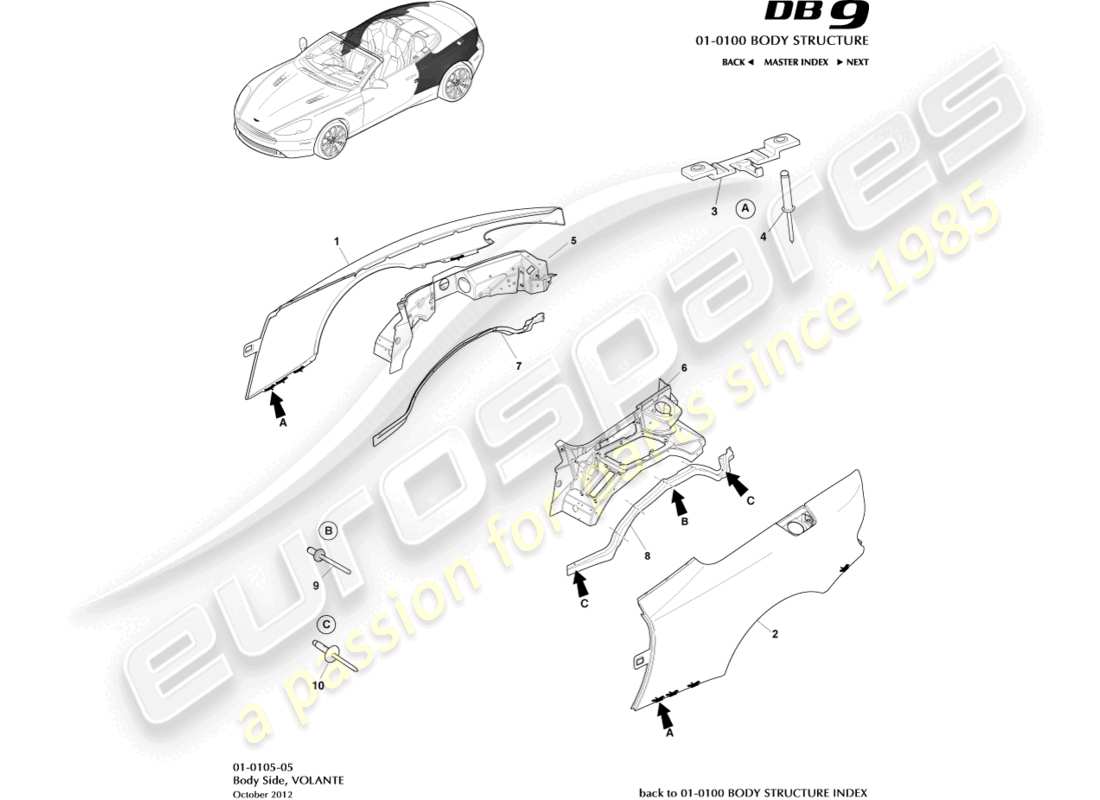 aston martin db9 (2015) lado de la carrocería, diagrama de piezas de volante