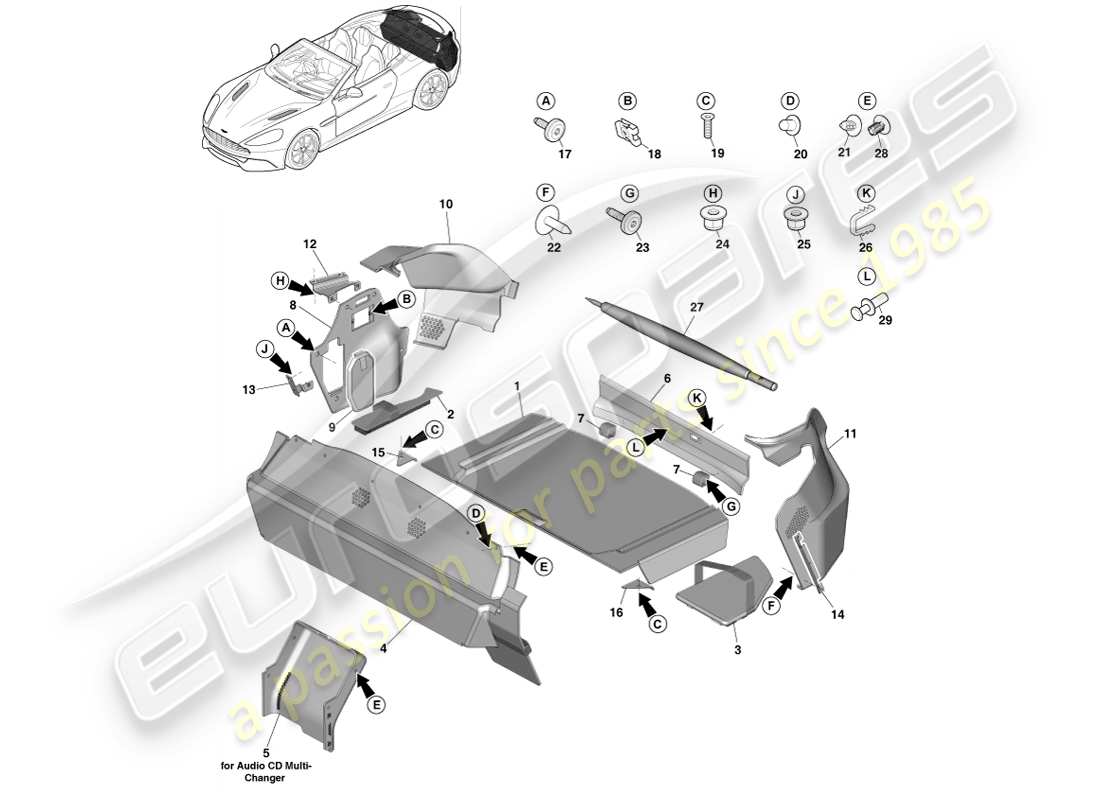 aston martin vanquish (2013) recorte del compartimento de carga, volante diagrama de piezas