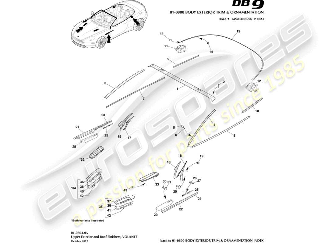 aston martin db9 (2015) acabados exteriores superiores, diagrama de piezas volante
