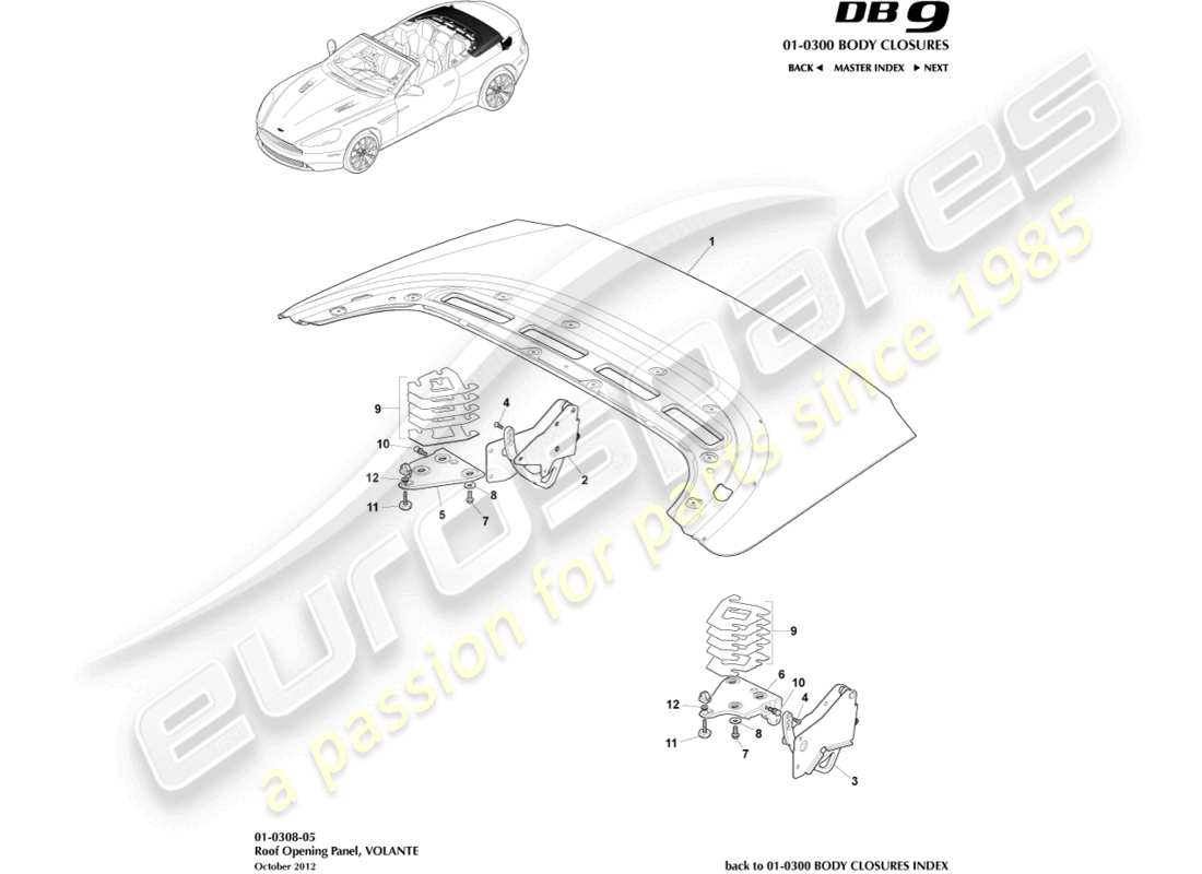 aston martin db9 (2015) panel de apertura del techo, diagrama de piezas de volante