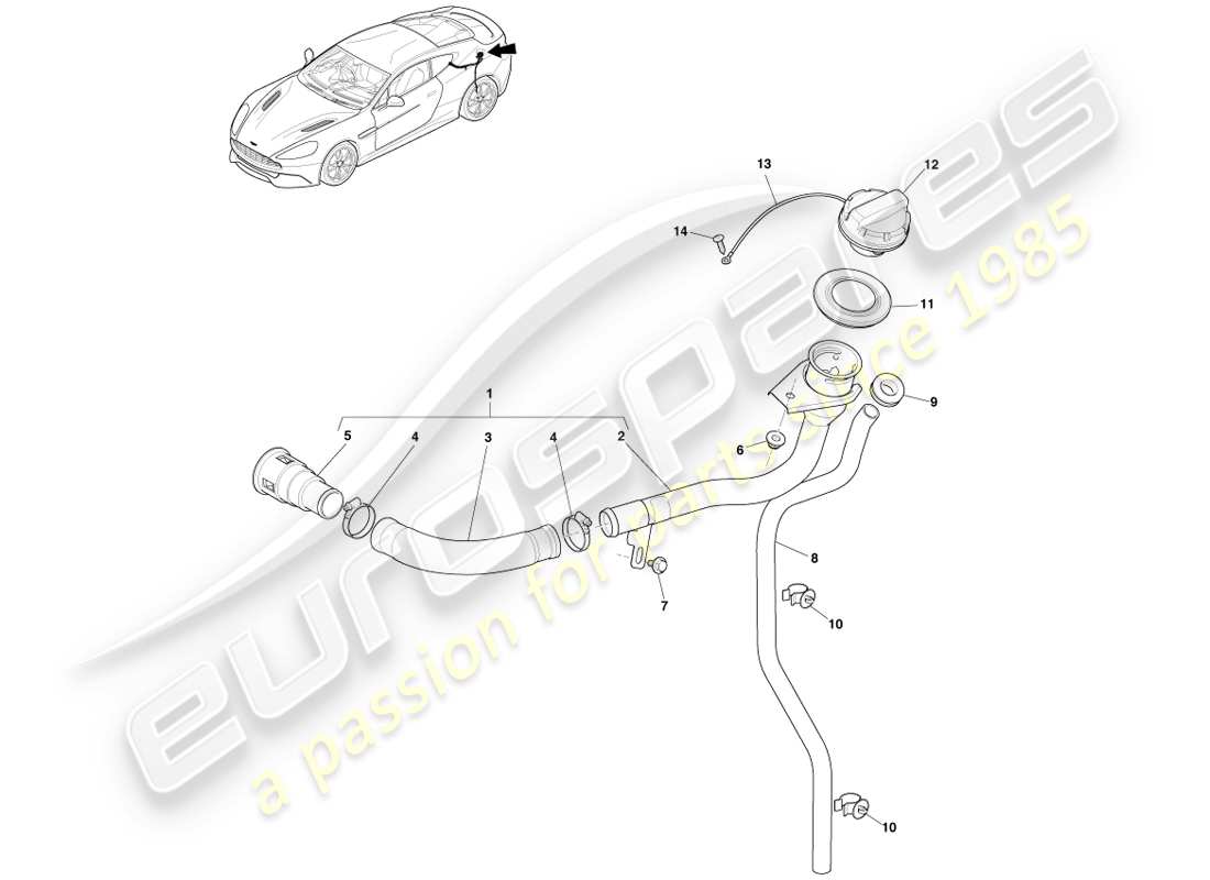 aston martin vanquish (2014) conjunto de llenado de combustible, diagrama de piezas del cupé