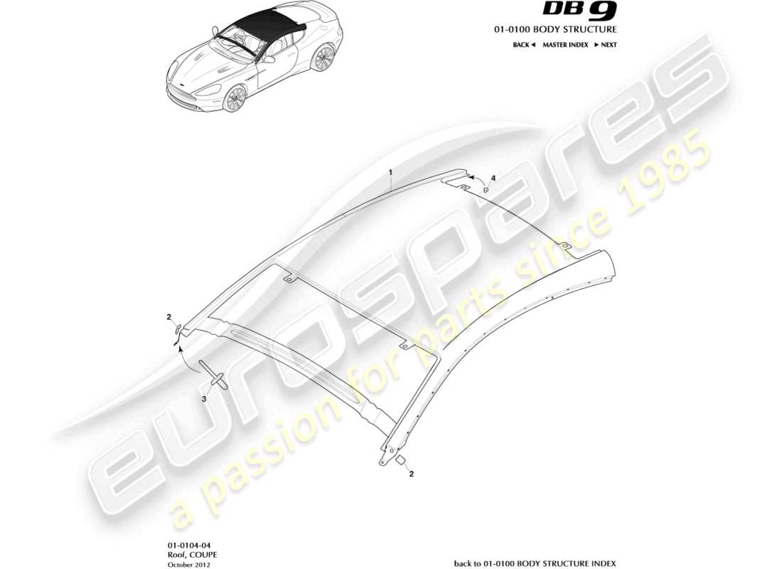 aston martin db9 (2015) techo, diagrama de piezas del cupé