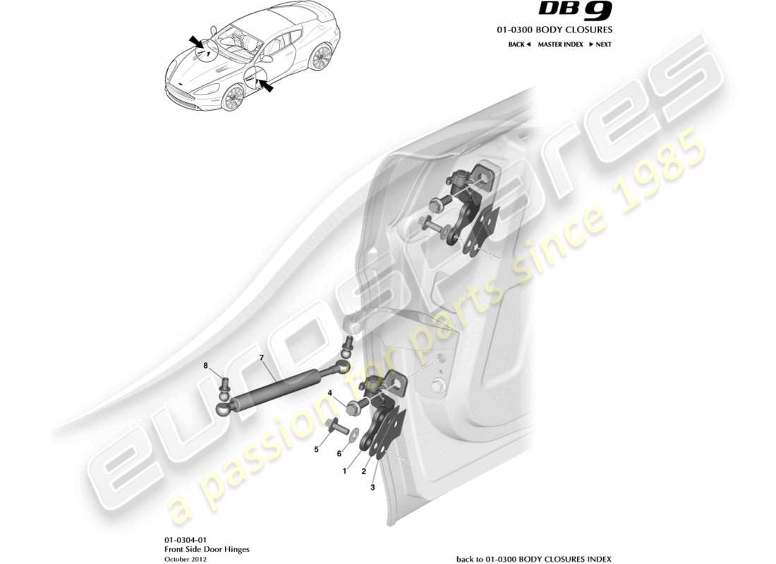 aston martin db9 (2016) diagrama de piezas del conjunto de bisagra de puerta