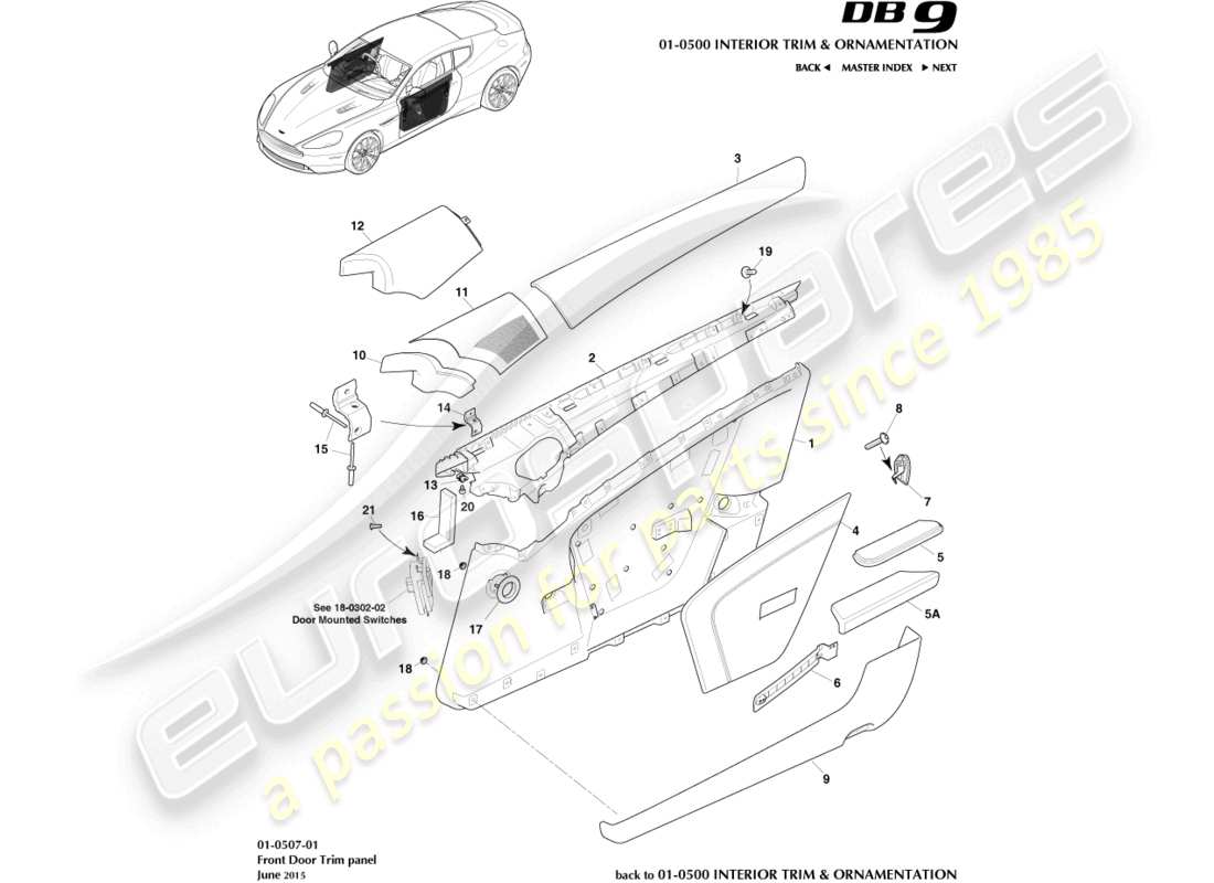aston martin db9 (2015) diagrama de piezas del panel de moldura de la puerta delantera