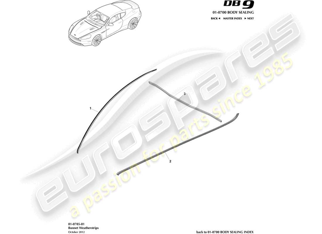 aston martin db9 (2015) diagrama de piezas de burletes del capó