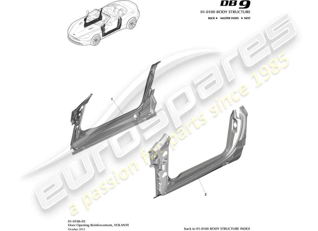 aston martin db9 (2015) marco de apertura de puerta, diagrama de piezas de volante