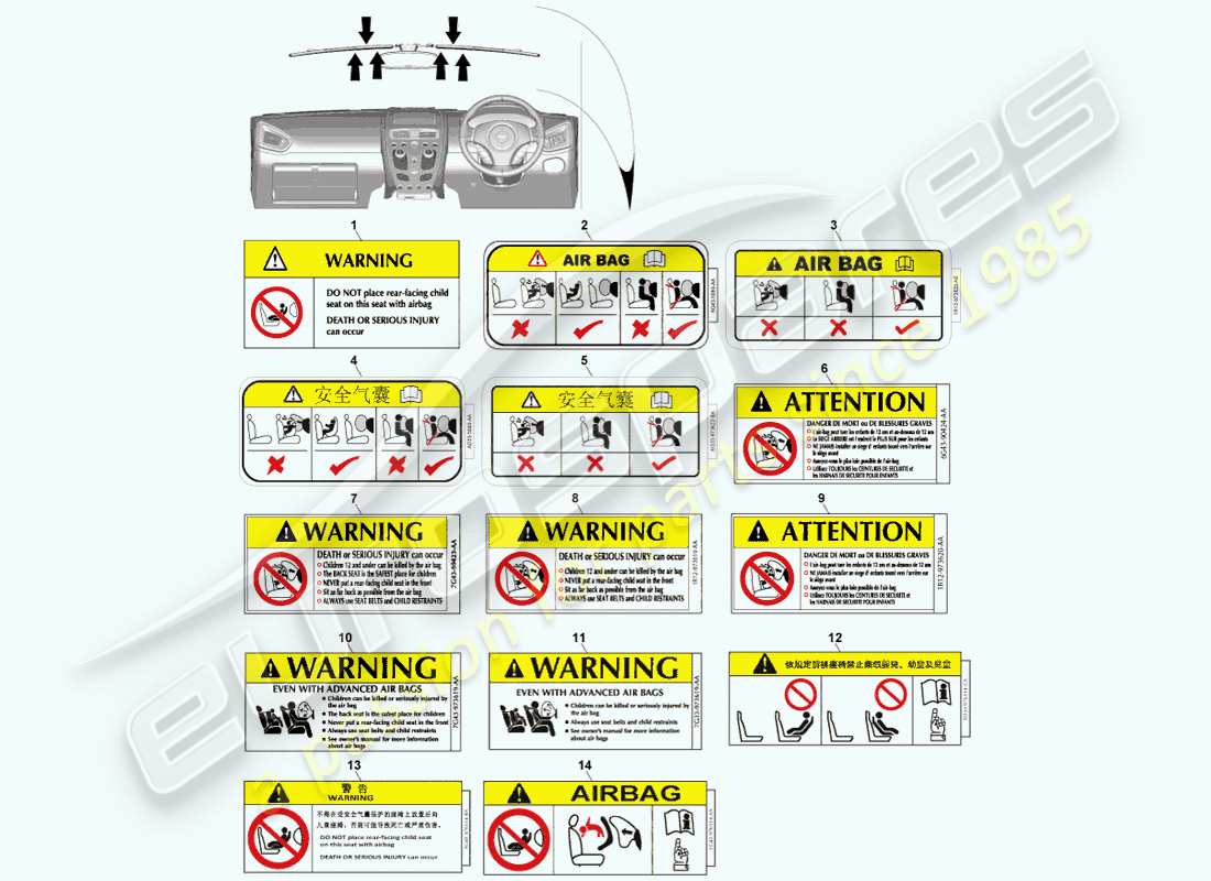 aston martin vanquish (2014) diagrama de piezas de las etiquetas de advertencia de airbag
