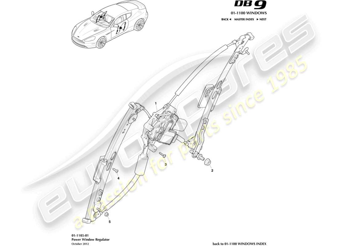 aston martin db9 (2013) regulador de ventana delantera diagrama de piezas