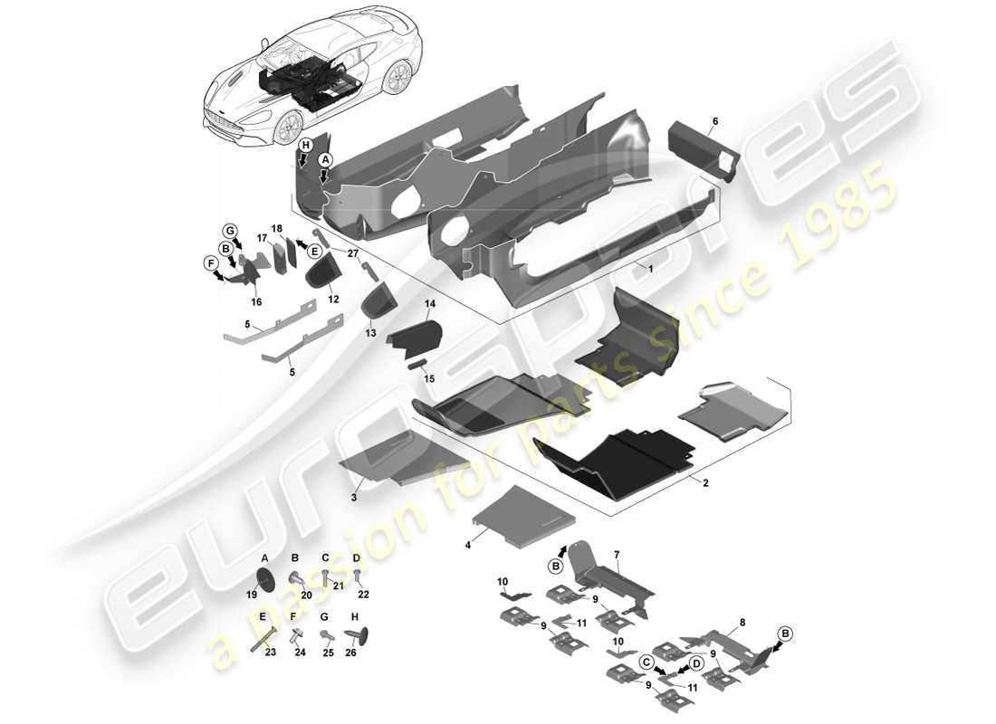 aston martin vanquish (2013) moldura del piso principal, lado derecho diagrama de piezas