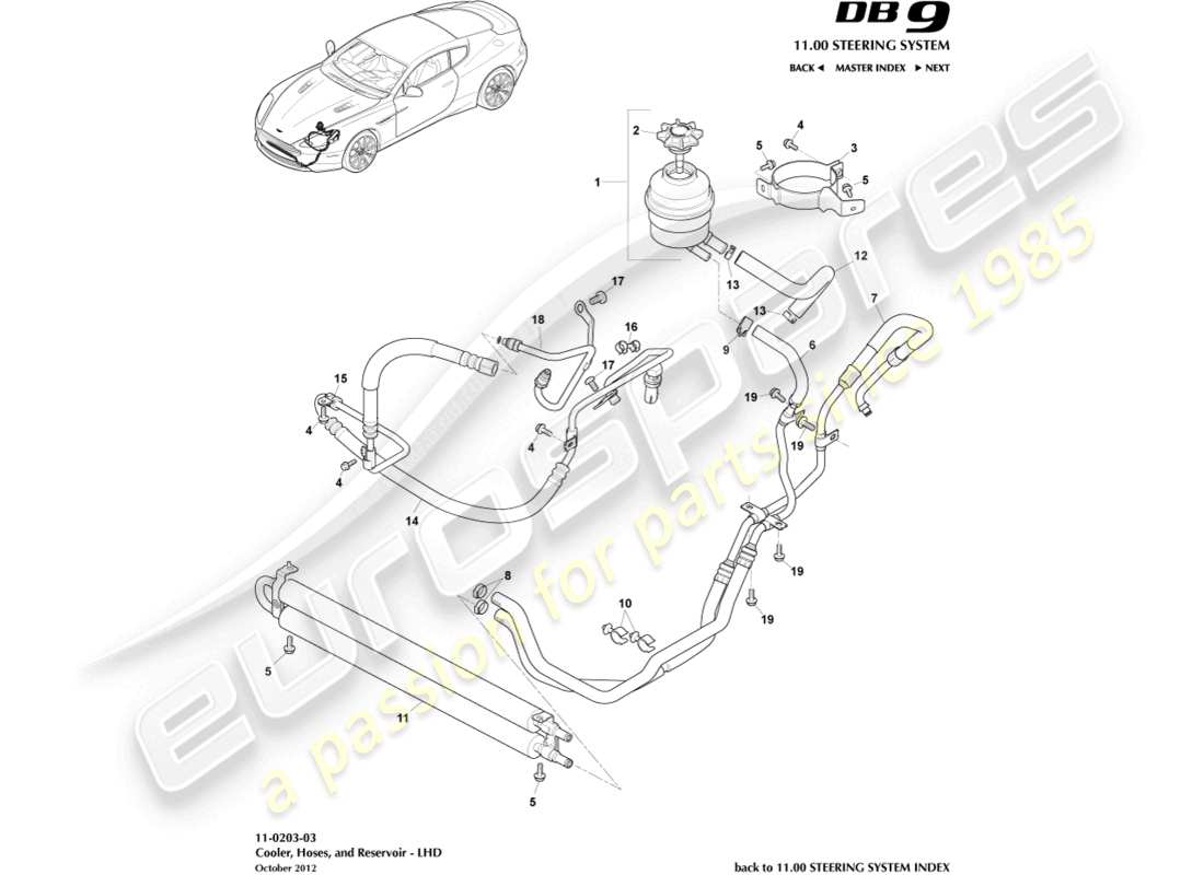 aston martin db9 (2017) mangueras pas, volante a la izquierda diagrama de piezas