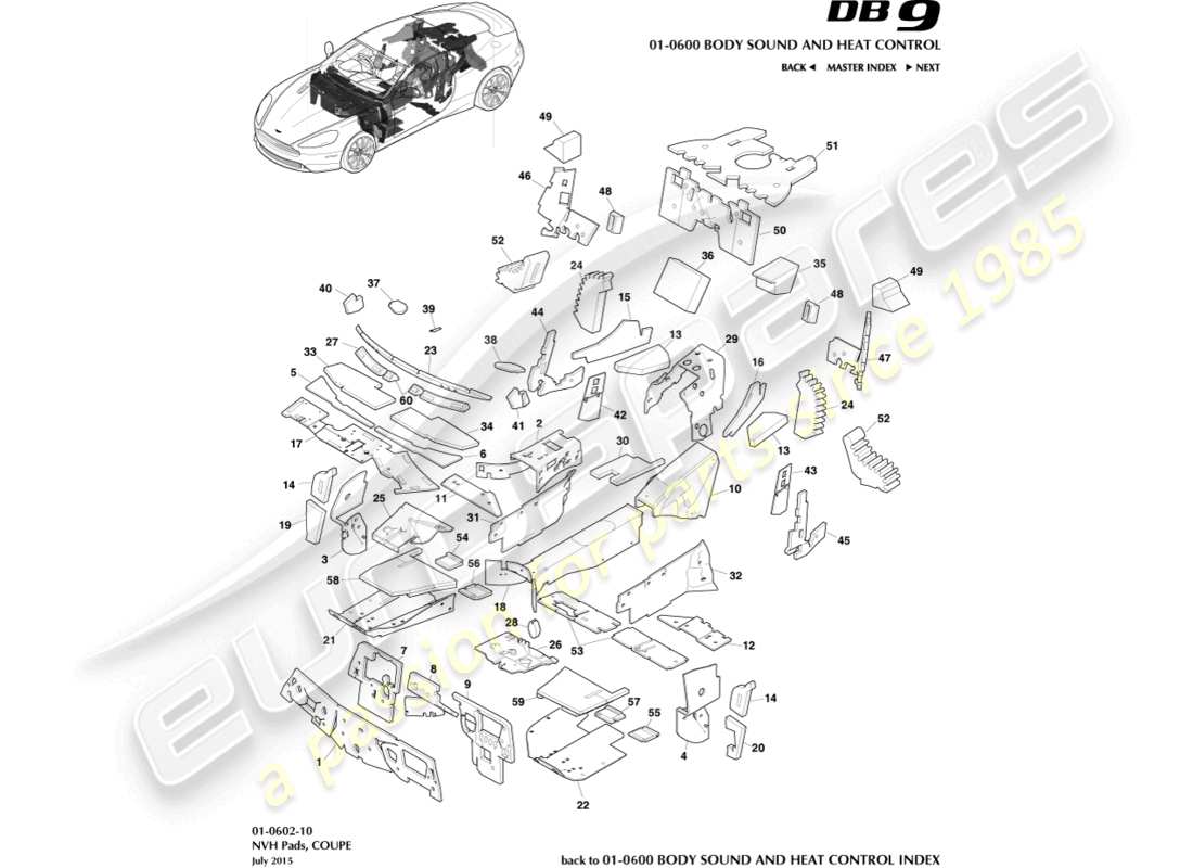 aston martin db9 (2015) pastillas nvh, diagrama de piezas del cupé