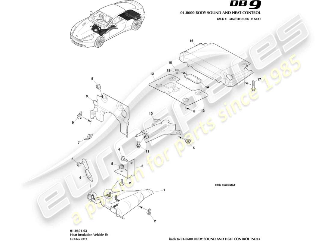 aston martin db9 (2015) aislamiento térmico, diagrama de piezas de ajuste del vehículo