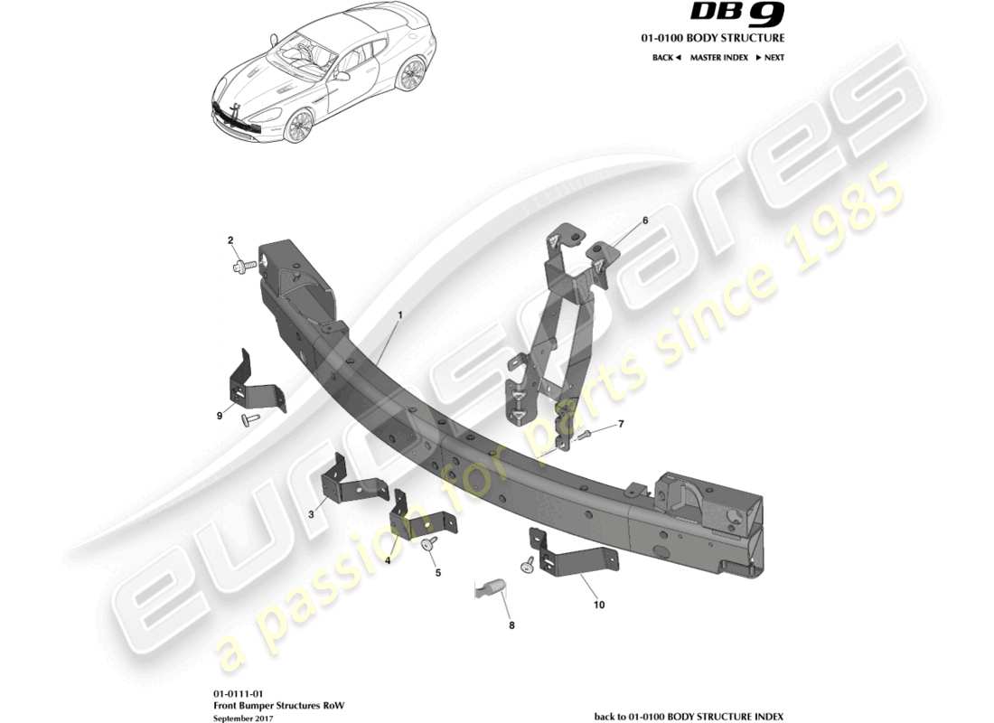 aston martin db9 (2014) estructura del parachoques delantero, derecho de vía diagrama de piezas