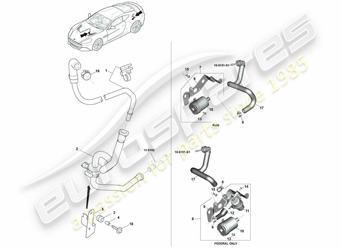 aston martin vanquish (2013) emisiones evaporativas, 15my diagrama de piezas