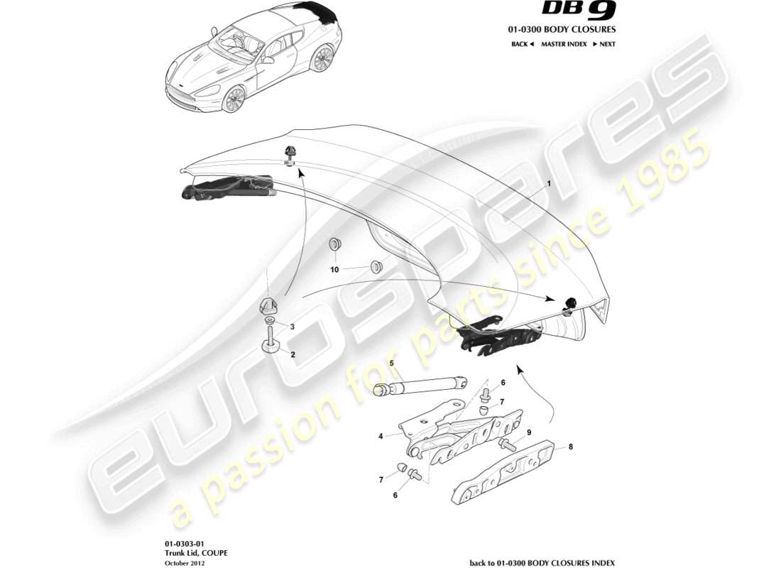 aston martin db9 (2015) tapa del maletero y bisagra, diagrama de piezas del cupé