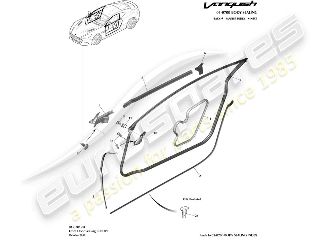 aston martin vanquish (2017) burletes para puertas, coupé diagrama de piezas